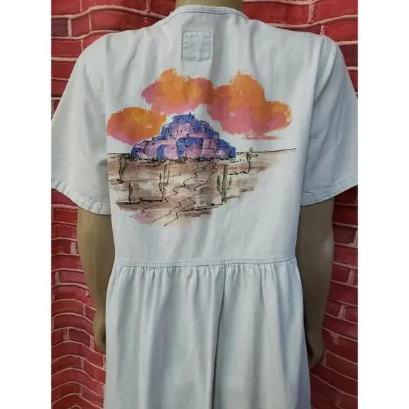 Sun Belt Denim Light Blue Size M Midi Dress ARTSY SS 🏜 Desert handpainted #CB8 - Picture 4 of 10